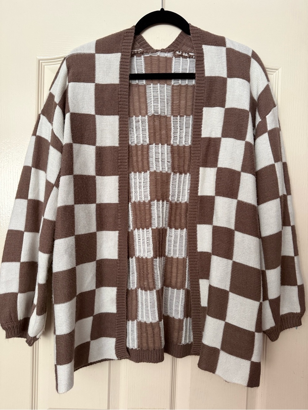 Checkerboard Open Front Cardigan Sweater - Brown & White
